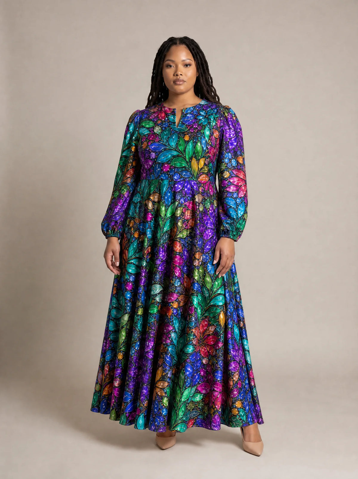 "Upinde" Puff Sleeve Maxi Dress — standing, angled view on model