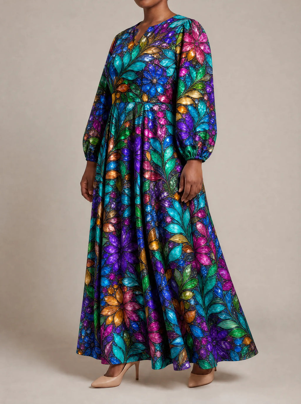 "Upinde" Puff Sleeve Maxi Dress — three-quarter view on model