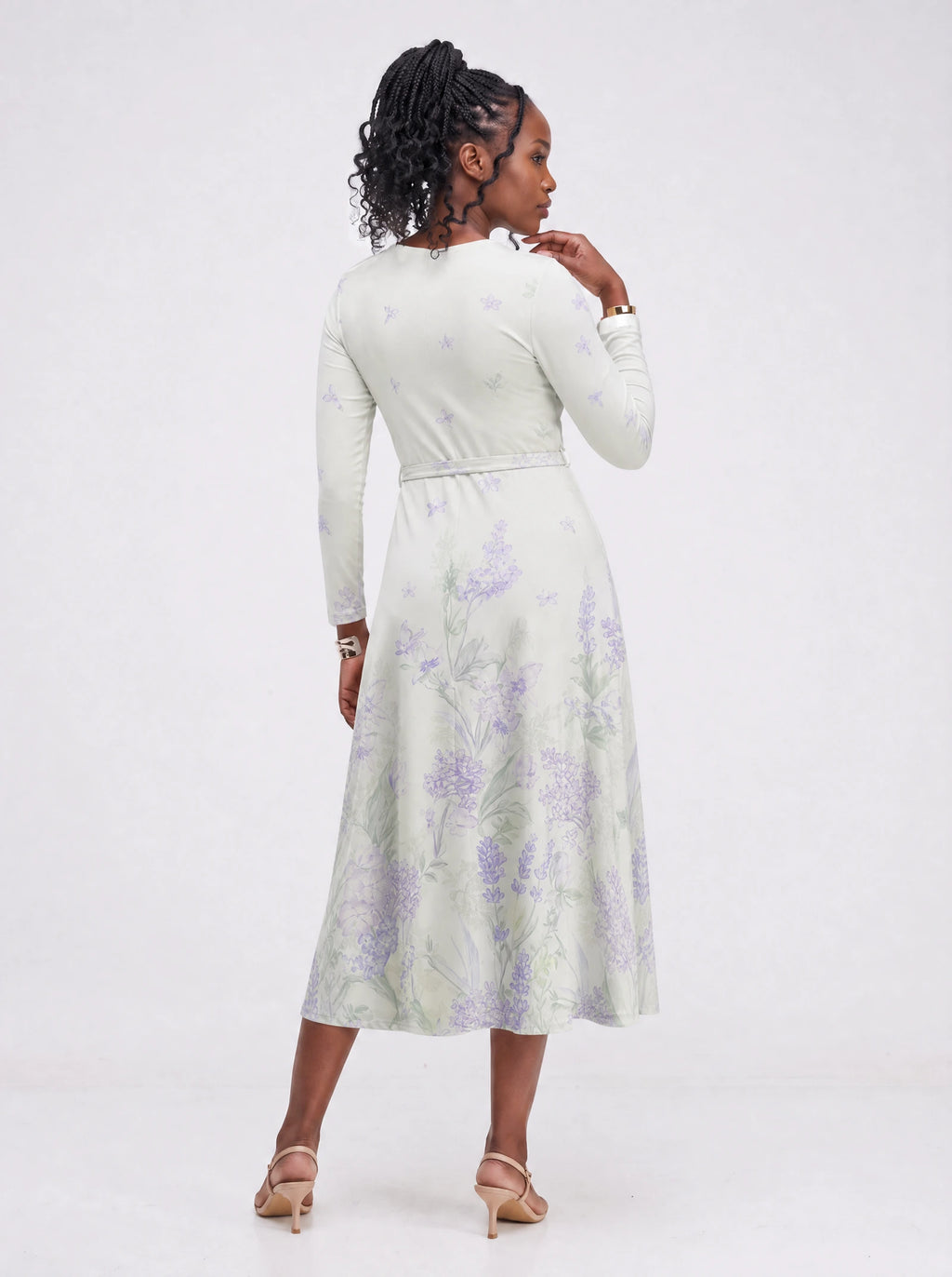 "Urujuani" Long Sleeve Midaxi Dress — back view on model