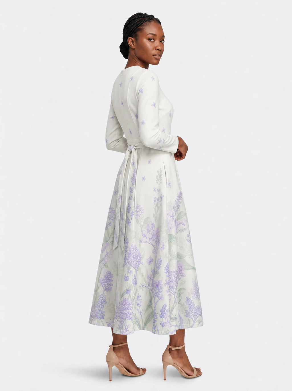 "Urujuani" Long Sleeve Midaxi Dress — three-quarter view on model, hand in the side pocket