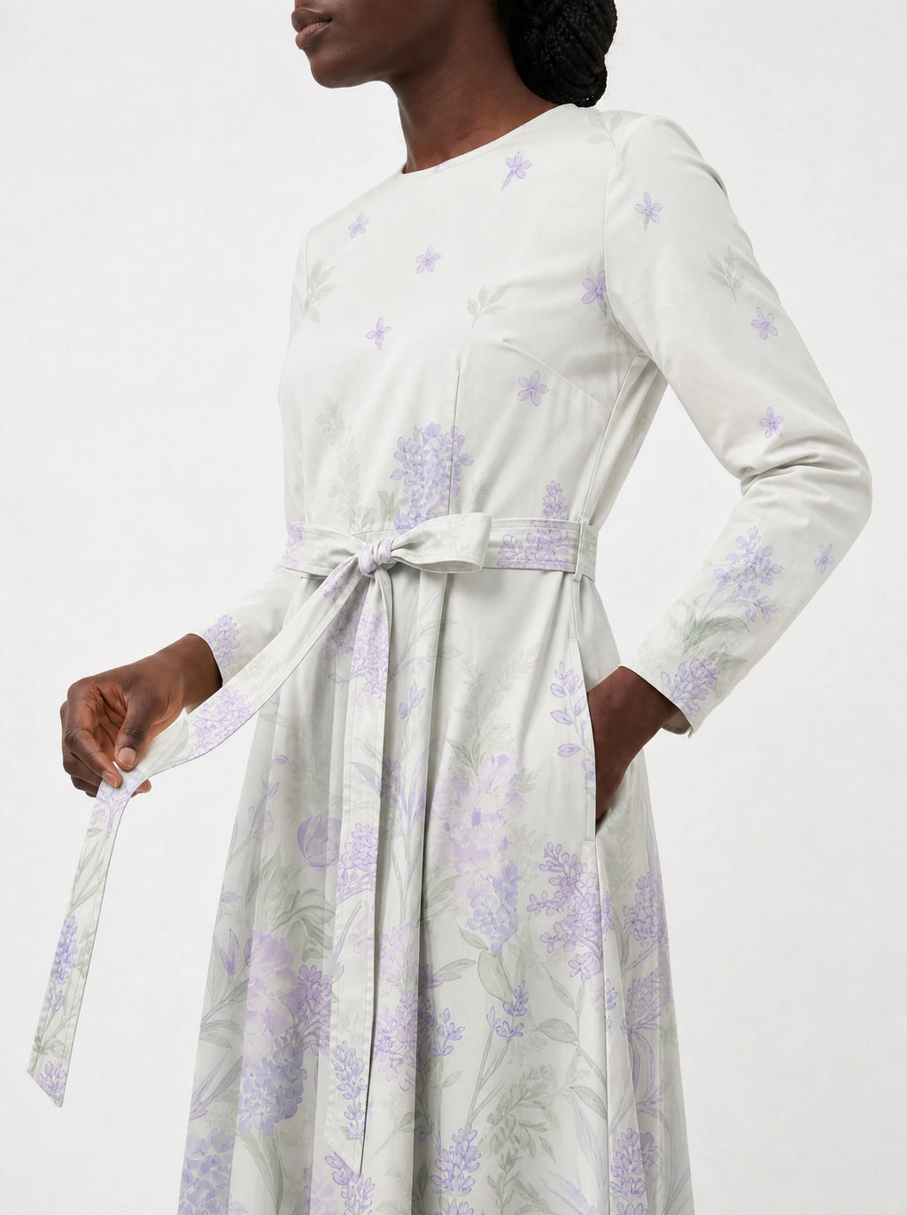 "Urujuani" Long Sleeve Midaxi Dress — close-up of the tie sash and the in-seam side pocket