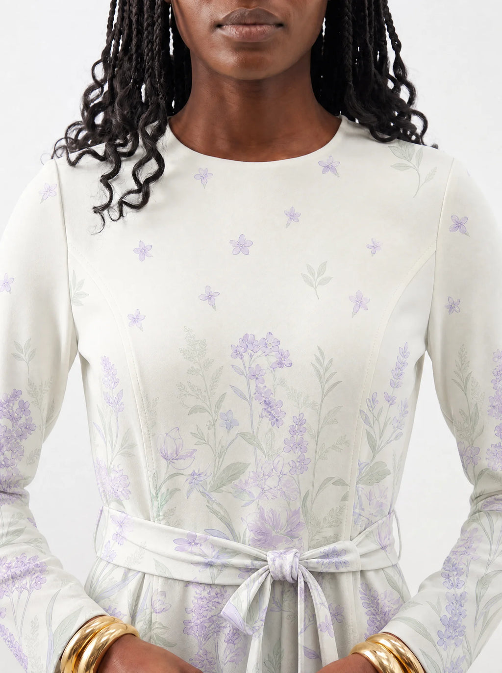 "Urujuani" Long Sleeve Midaxi Dress — close-up of the round neckline and long sleeve
