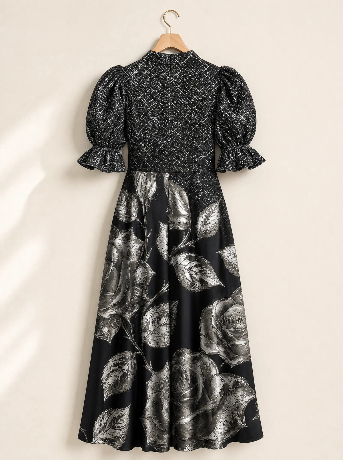 "Usiku" Puff Sleeve Dress — the dress on a hanger, back