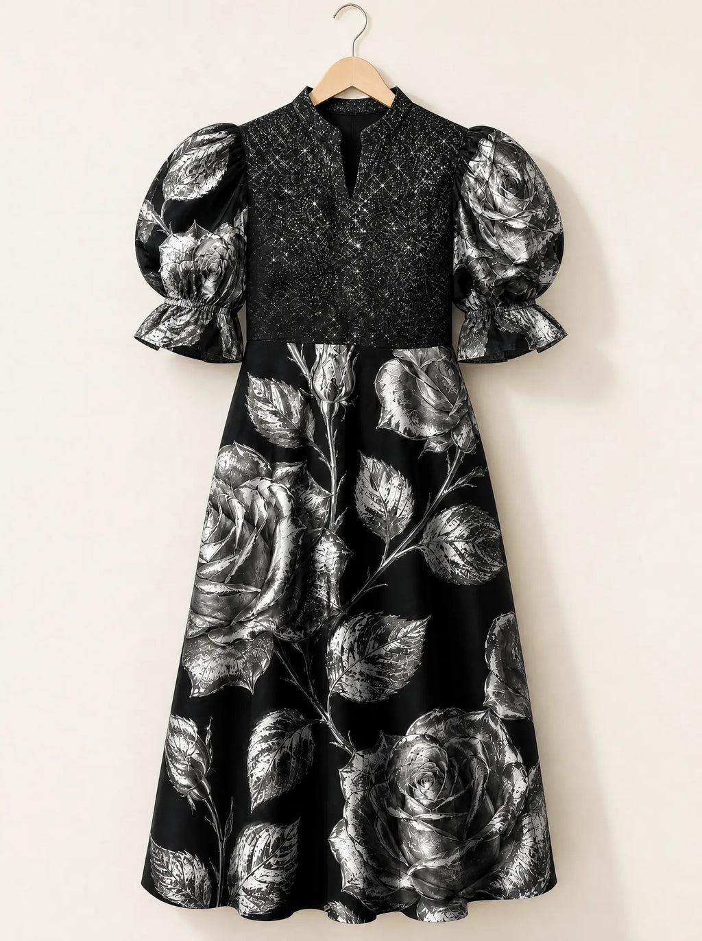 "Usiku" Puff Sleeve Dress — the dress on a hanger, front