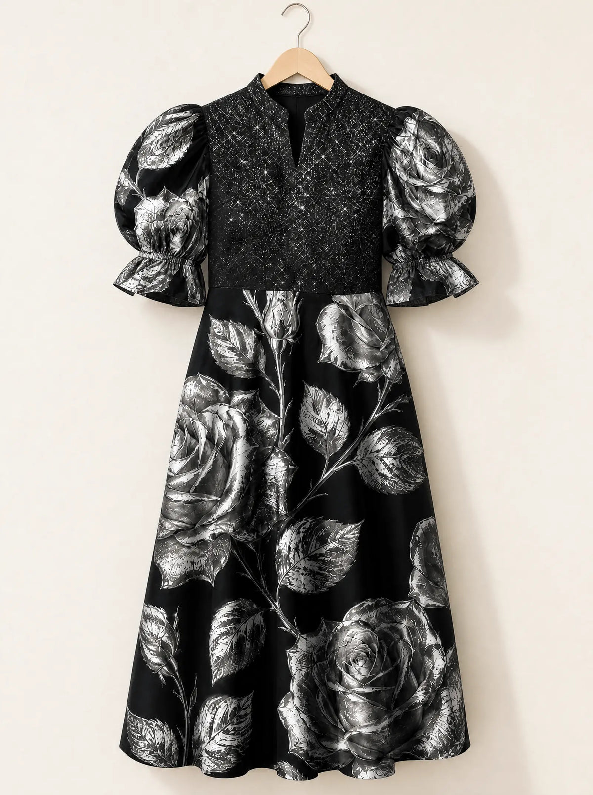"Usiku" Puff Sleeve Dress — the dress on a hanger, front