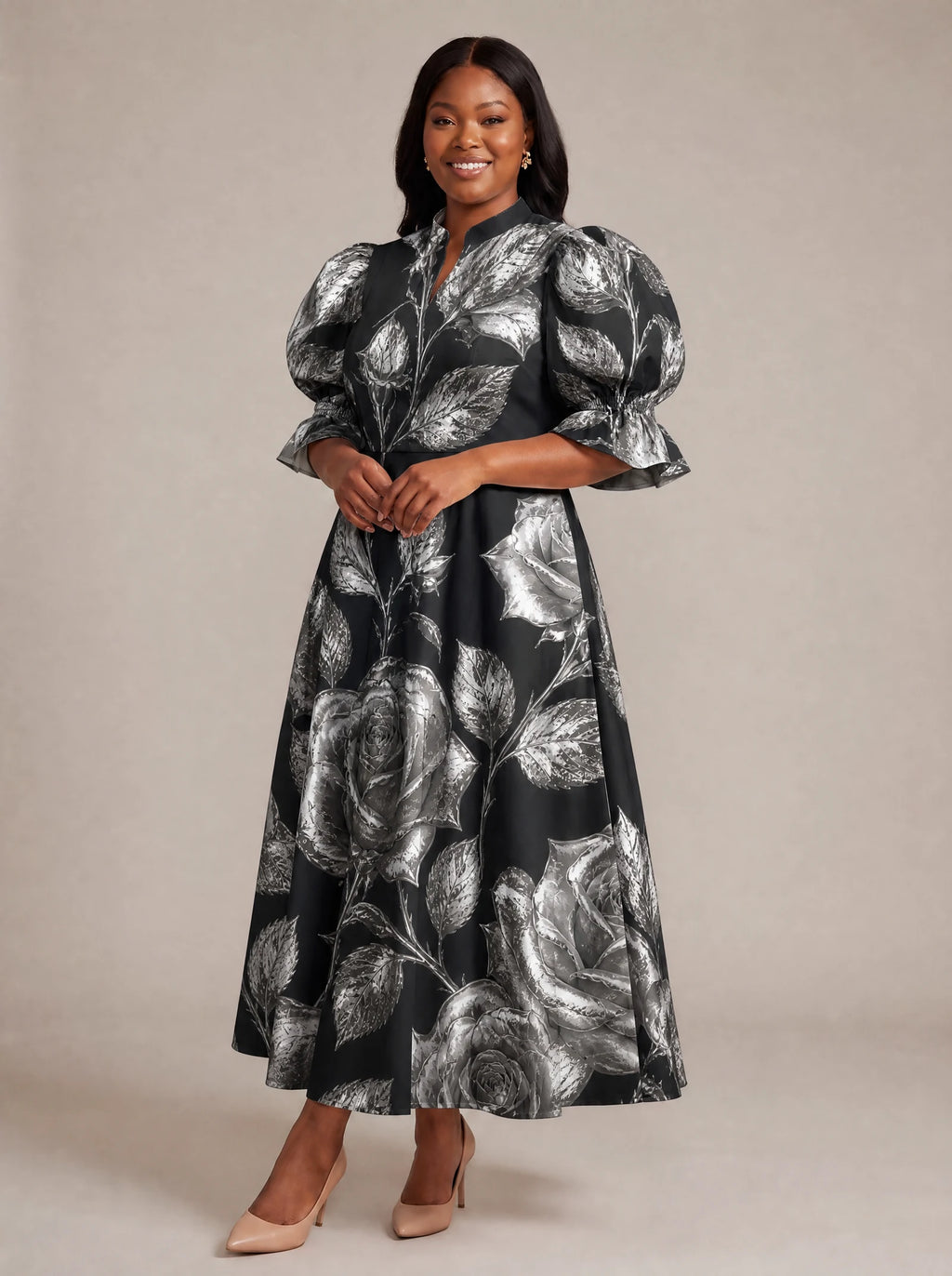 "Usiku" Puff Sleeve Dress — walking, three-quarter view on model