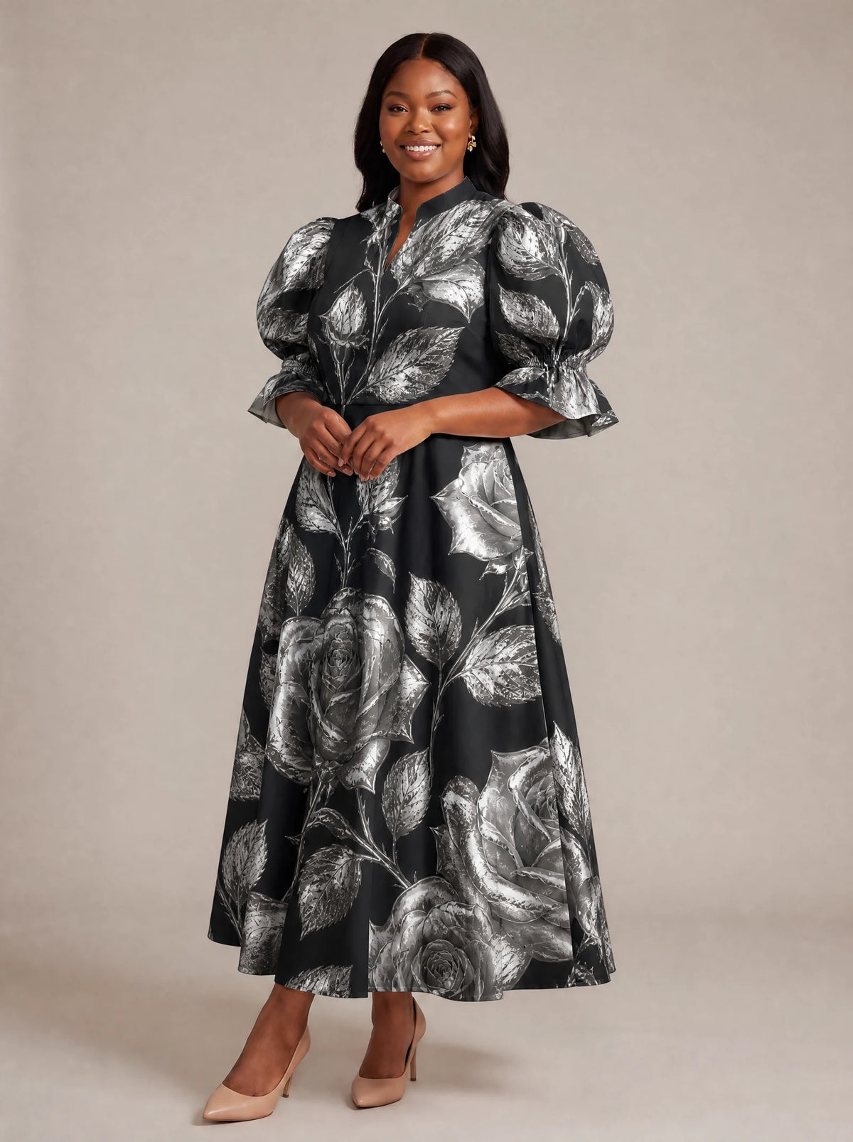 "Usiku" Puff Sleeve Dress — walking, three-quarter view on model
