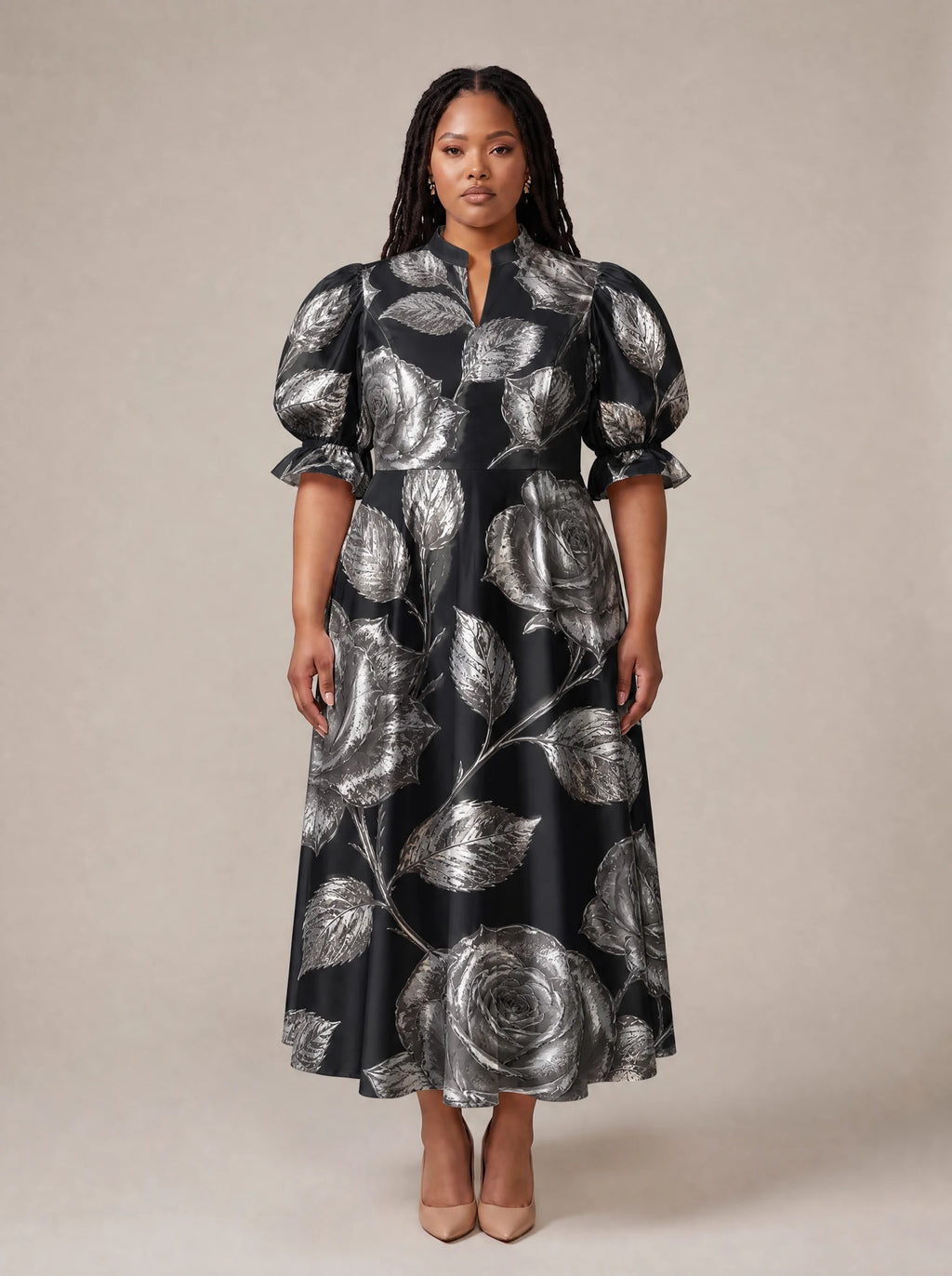 "Usiku" Puff Sleeve Dress — standing, angled view on model