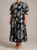 "Usiku" Puff Sleeve Dress — three-quarter view on model