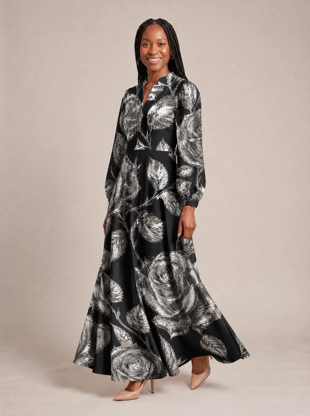 "Usiku" Puff Sleeve Maxi Dress — walking, three-quarter view on model