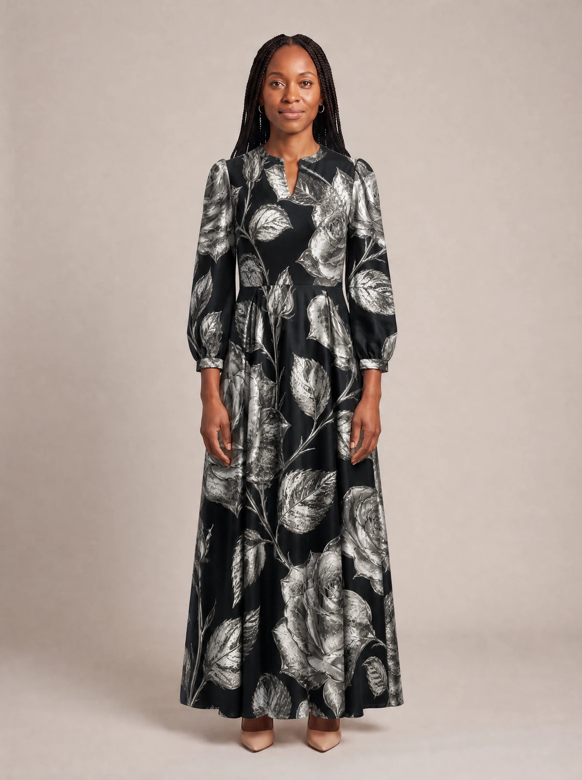 "Usiku" Puff Sleeve Maxi Dress — standing, angled view on model