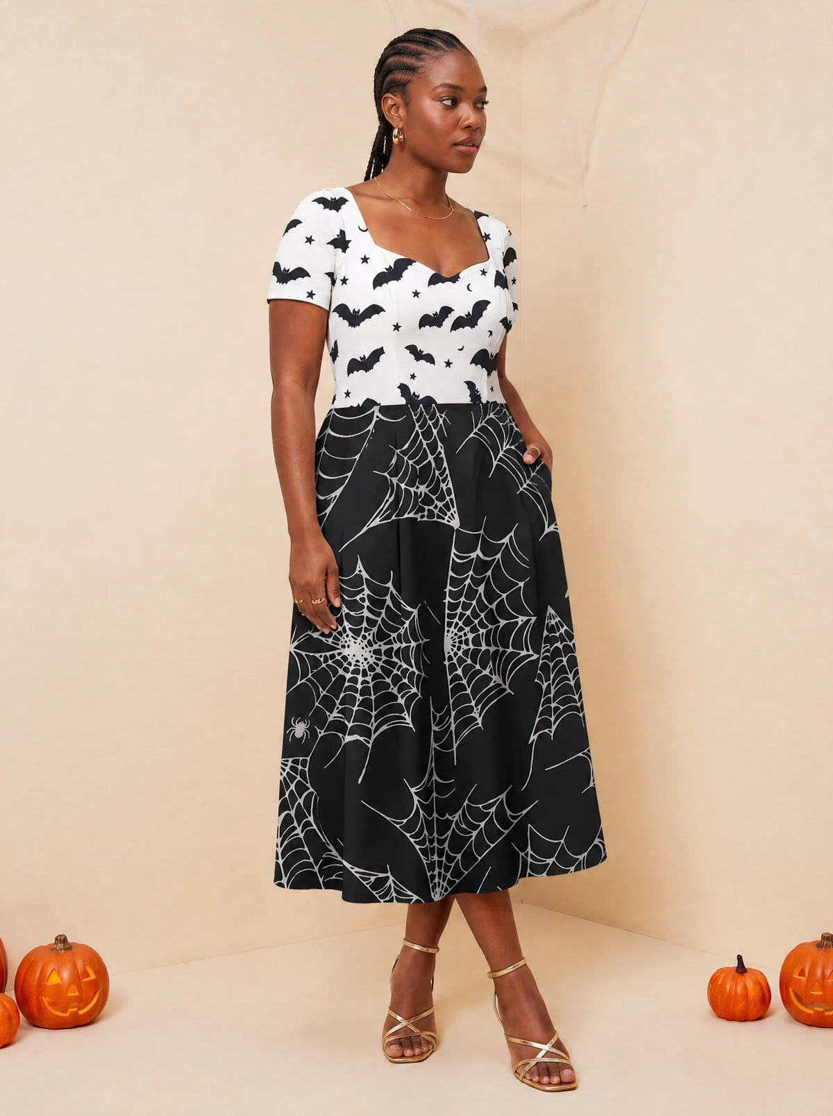 "Utando" Halloween Sweetheart Midi Dress — front view on model