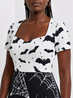 "Utando" Halloween Sweetheart Midi Dress — close-up of the sweetheart neckline and short sleeve