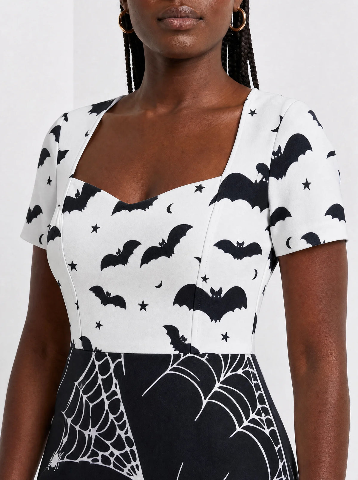 "Utando" Halloween Sweetheart Midi Dress — close-up of the sweetheart neckline and short sleeve