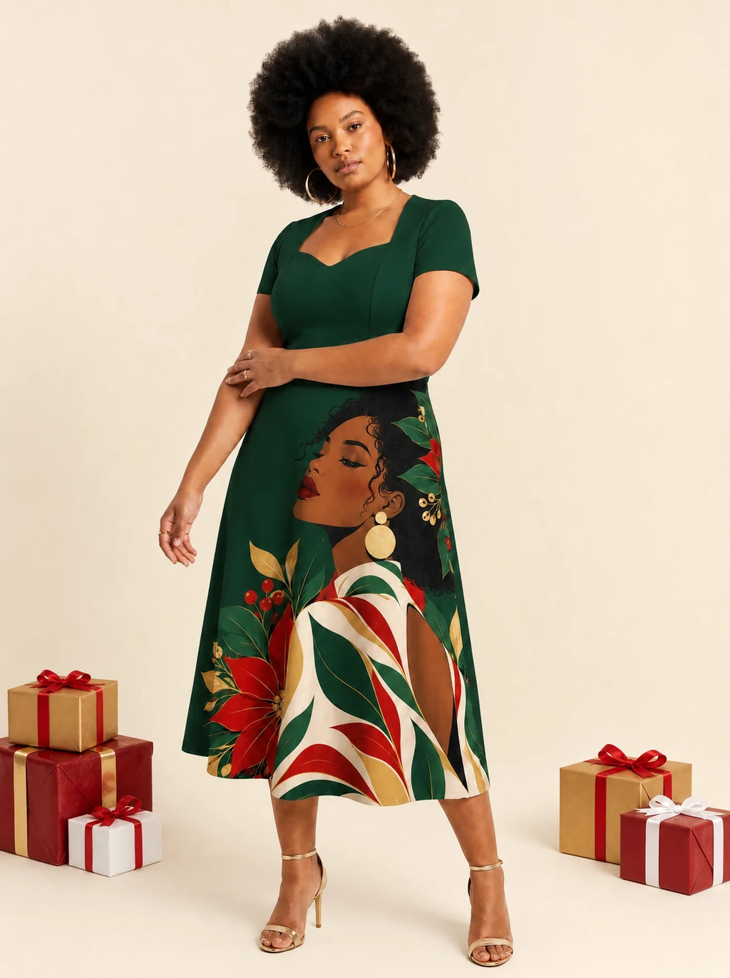"Utulivu" Sweetheart Midi Dress — on model, Christmas backdrop