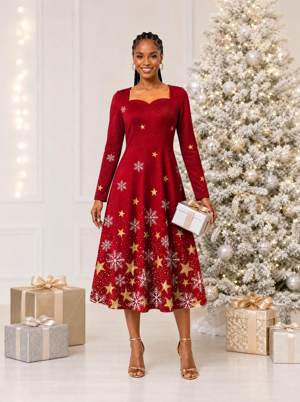"Vilima" Long Sleeve Sweetheart Midi Dress — on model, Christmas backdrop