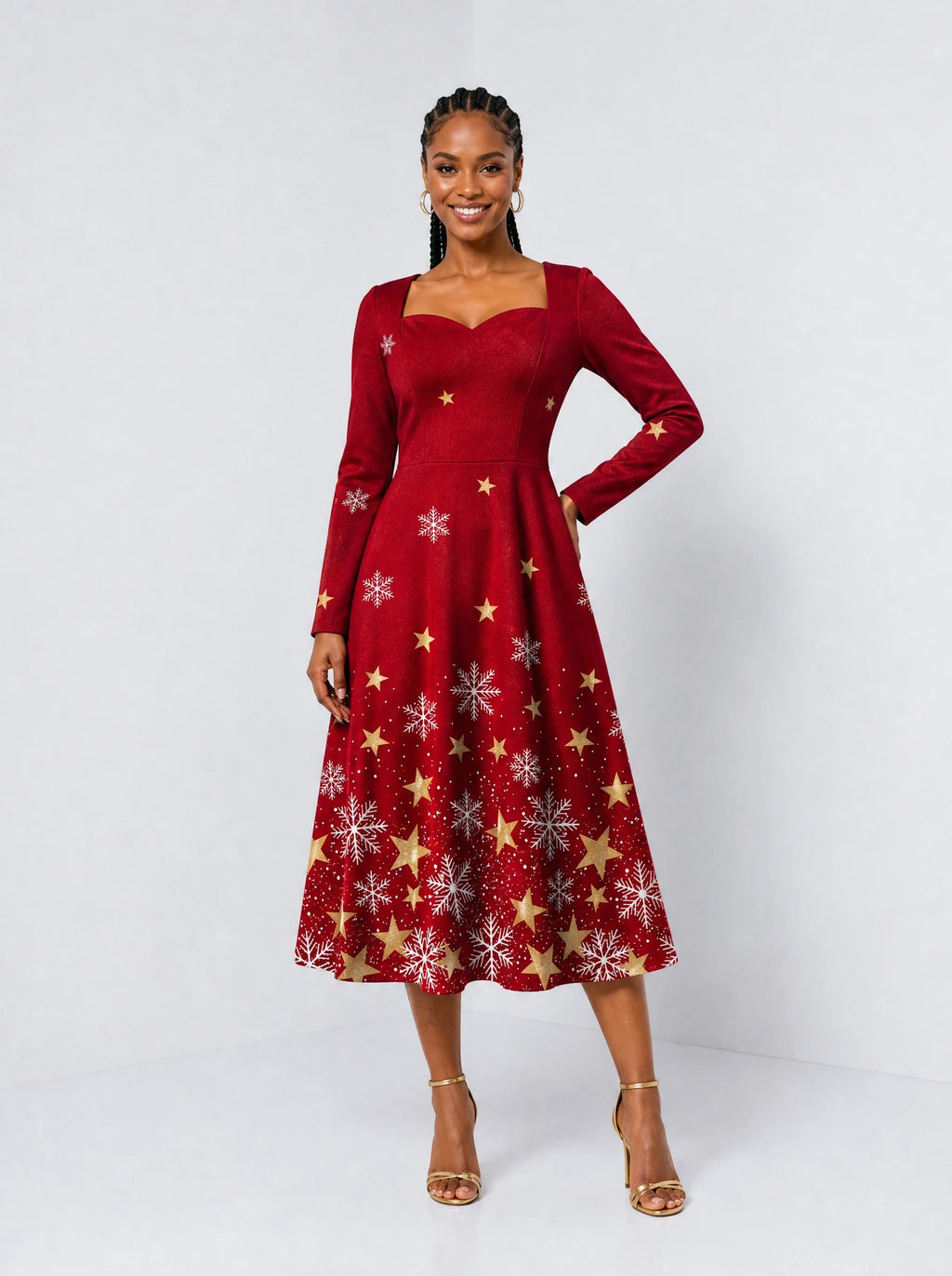 "Vilima" Long Sleeve Sweetheart Midi Dress — front view on model