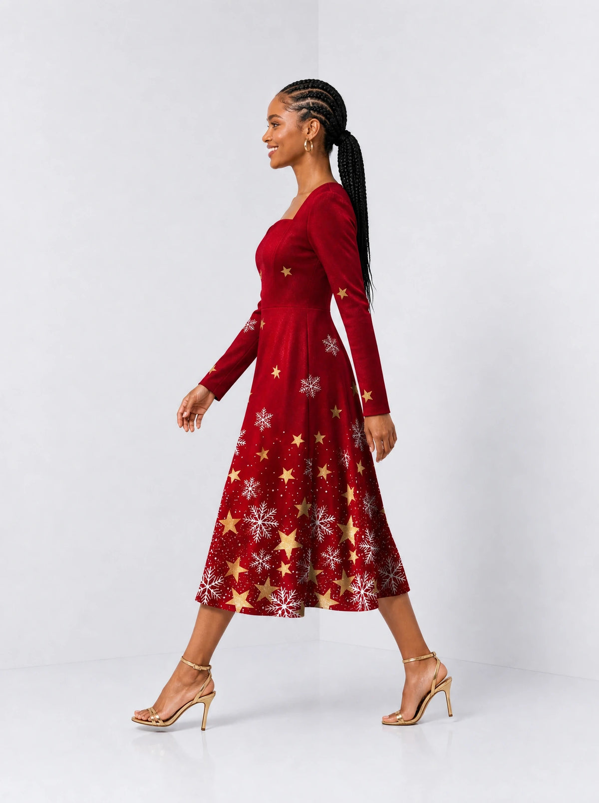 "Vilima" Long Sleeve Sweetheart Midi Dress — side view on model