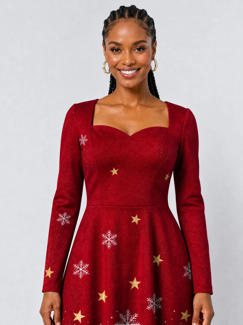 "Vilima" Long Sleeve Sweetheart Midi Dress — print close-up on model