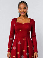 "Vilima" Long Sleeve Sweetheart Midi Dress — print close-up on model