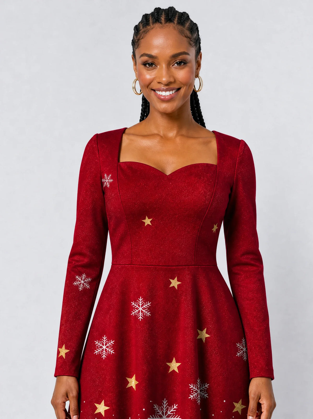 "Vilima" Long Sleeve Sweetheart Midi Dress — print close-up on model