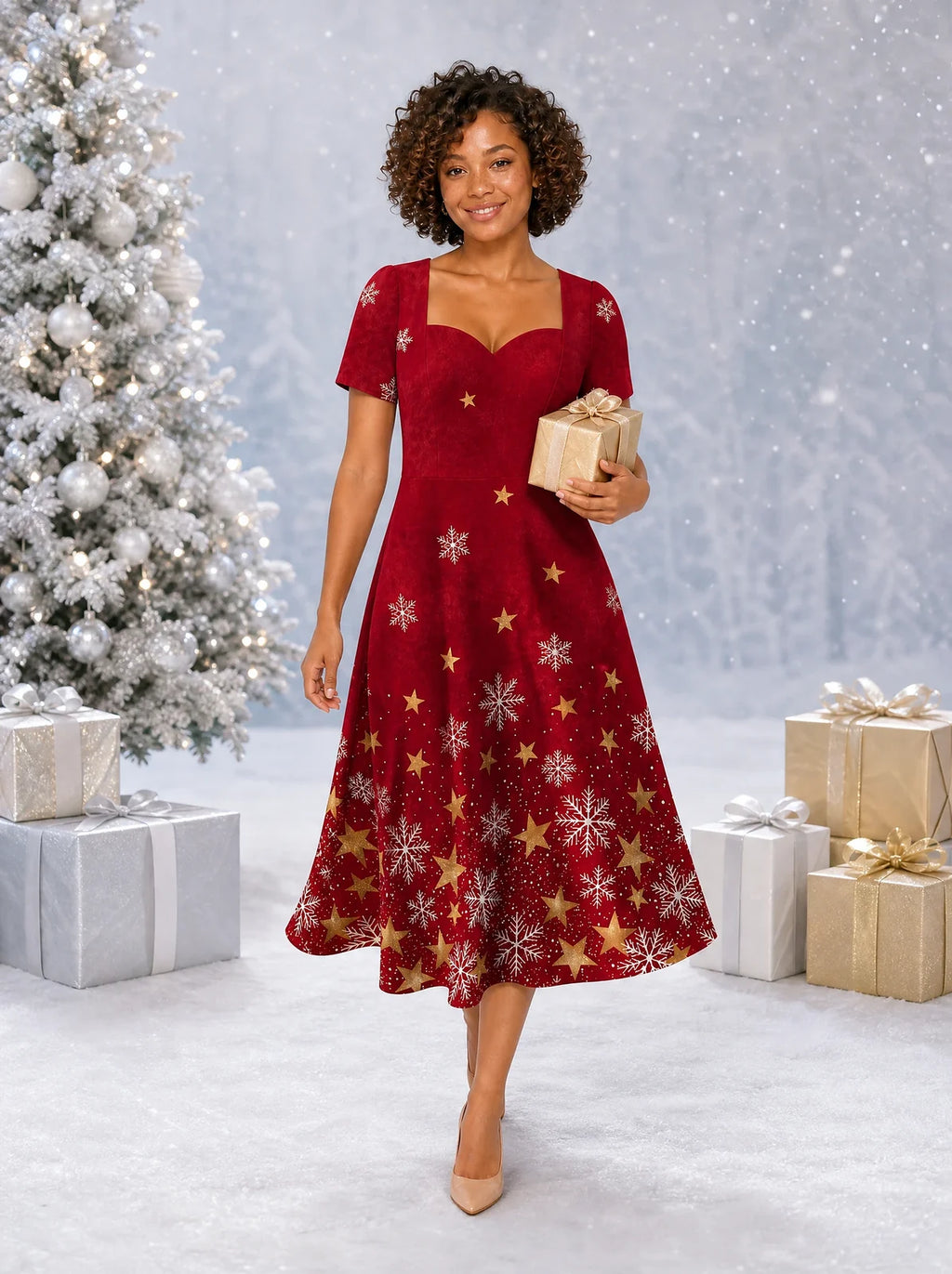 "Vilima" Sweetheart Midi Dress — on model, Christmas backdrop