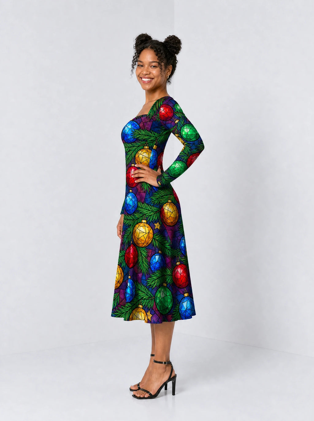"Vioo" Long Sleeve Sweetheart Midi Dress — side view on model