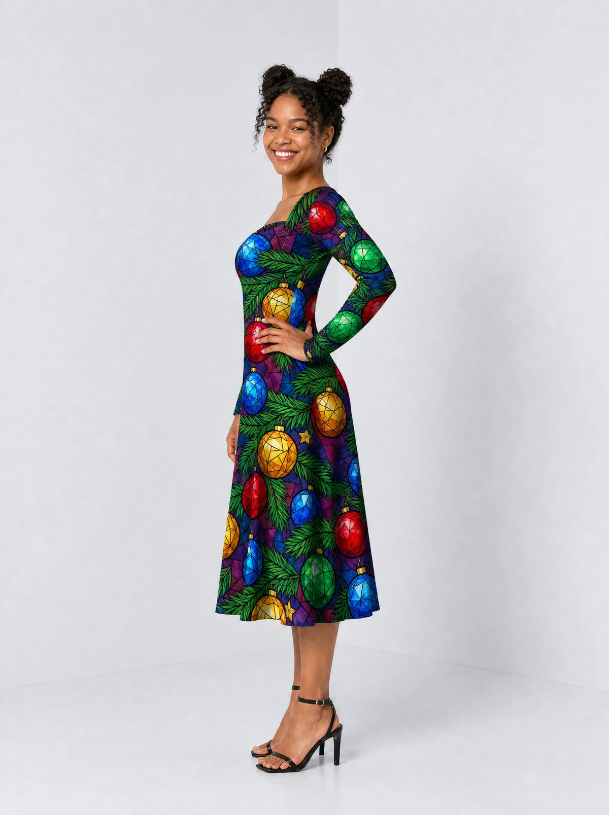 "Vioo" Long Sleeve Sweetheart Midi Dress — side view on model