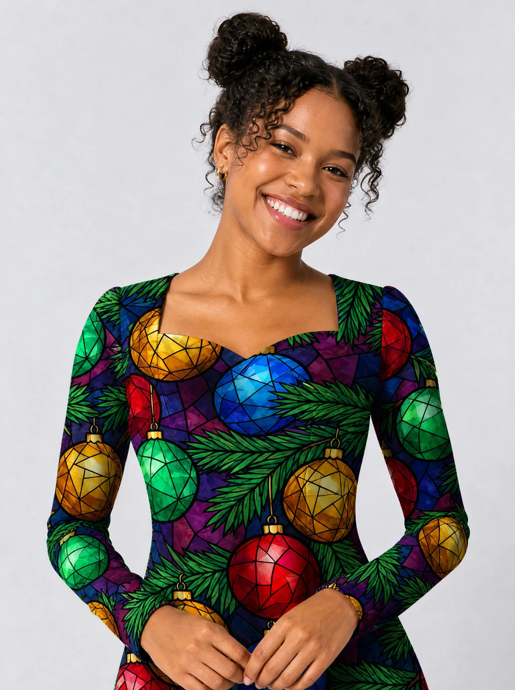 "Vioo" Long Sleeve Sweetheart Midi Dress — print close-up on model