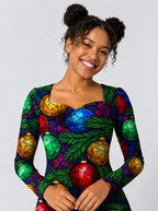 "Vioo" Long Sleeve Sweetheart Midi Dress — print close-up on model