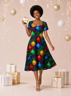 "Vioo" Sweetheart Midi Dress — on model, Christmas backdrop
