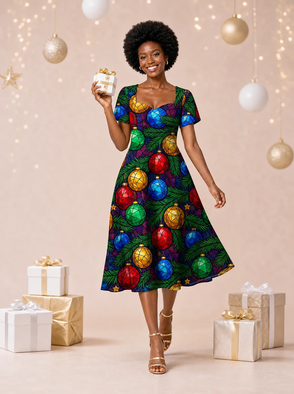 "Vioo" Sweetheart Midi Dress — on model, Christmas backdrop