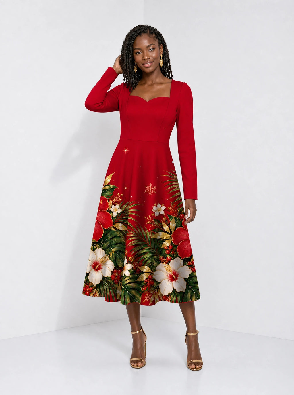 "Visiwa" Long Sleeve Sweetheart Midi Dress — front view on model