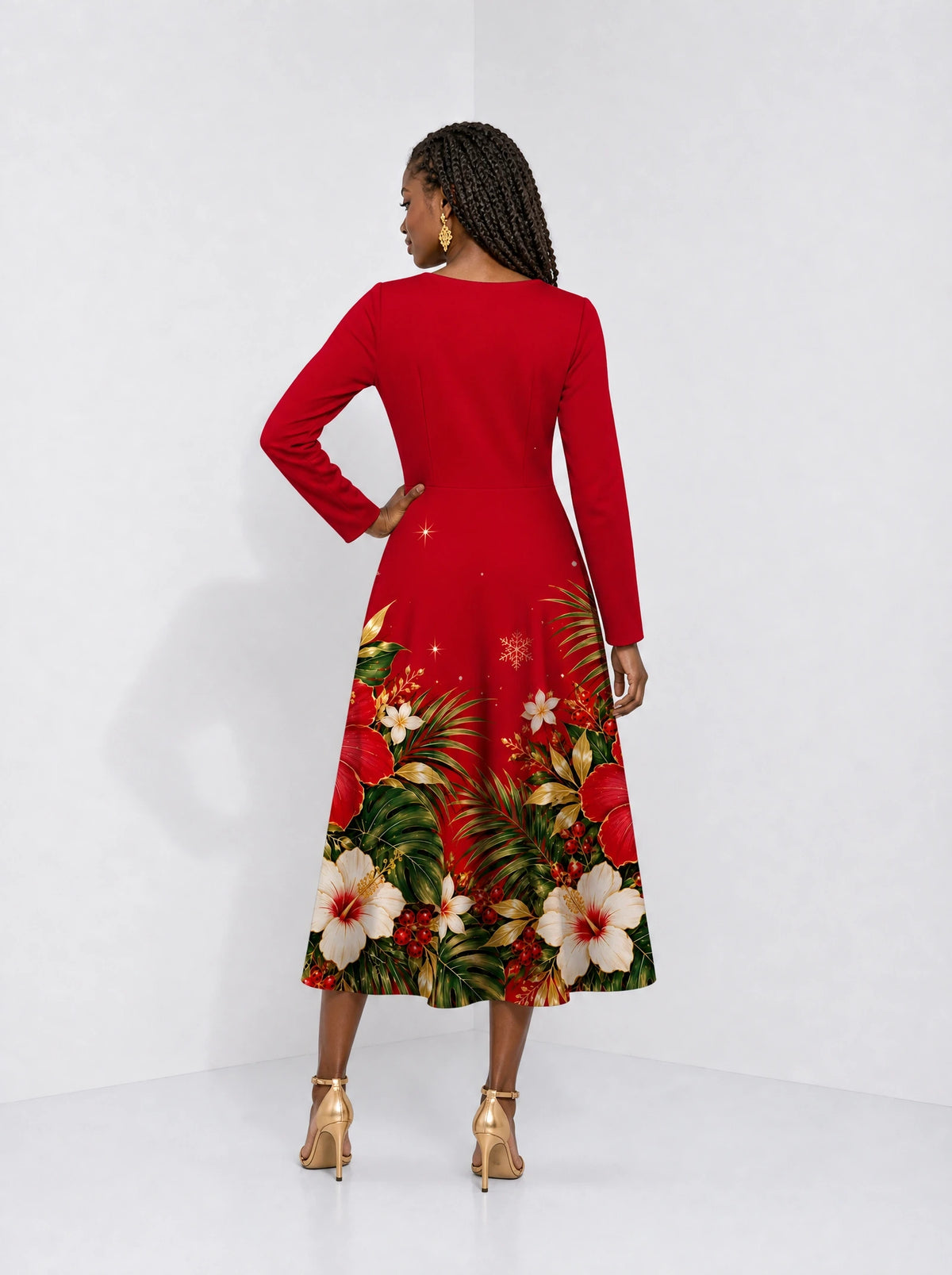 "Visiwa" Long Sleeve Sweetheart Midi Dress — back view on model