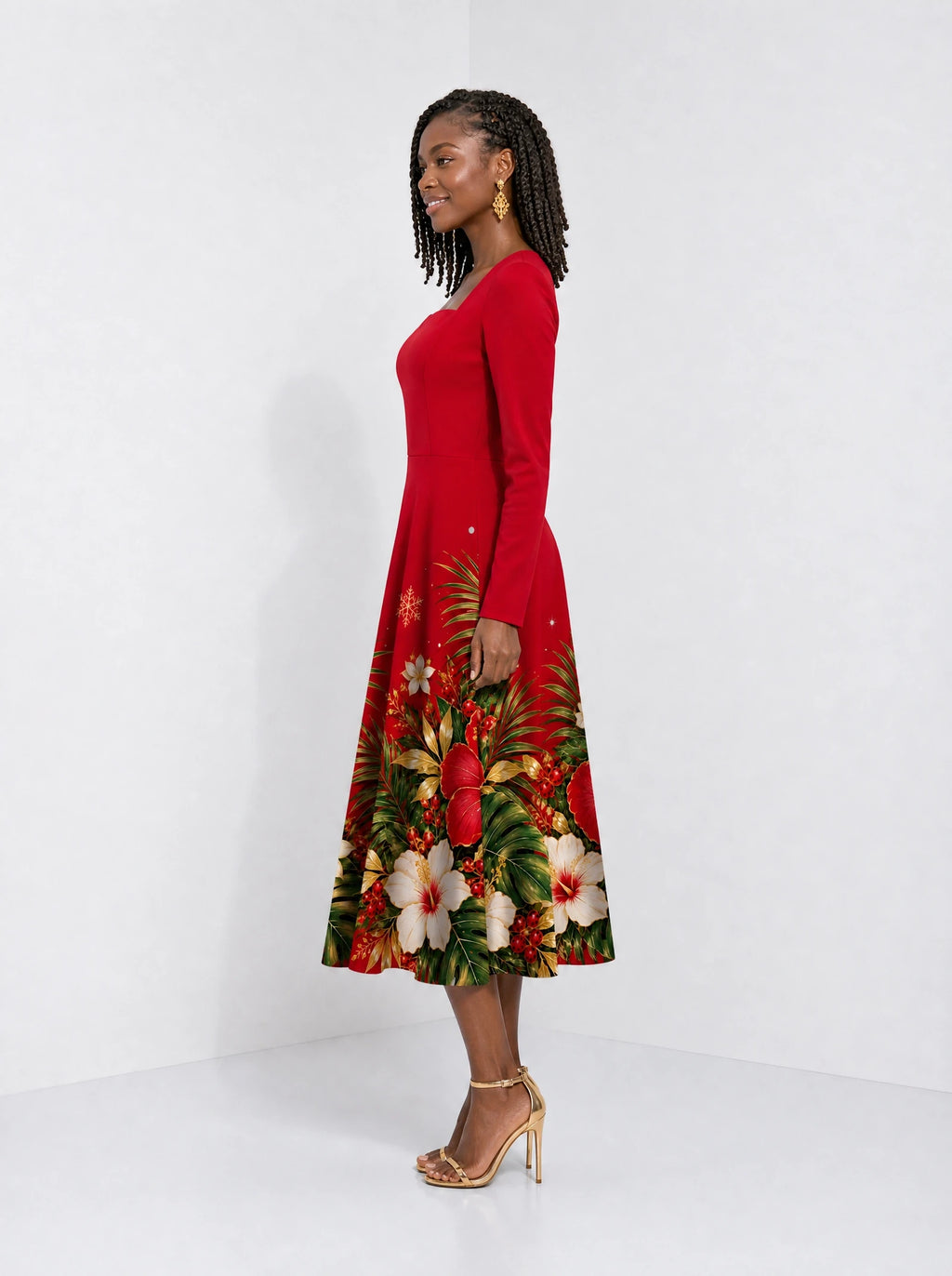 "Visiwa" Long Sleeve Sweetheart Midi Dress — side view on model