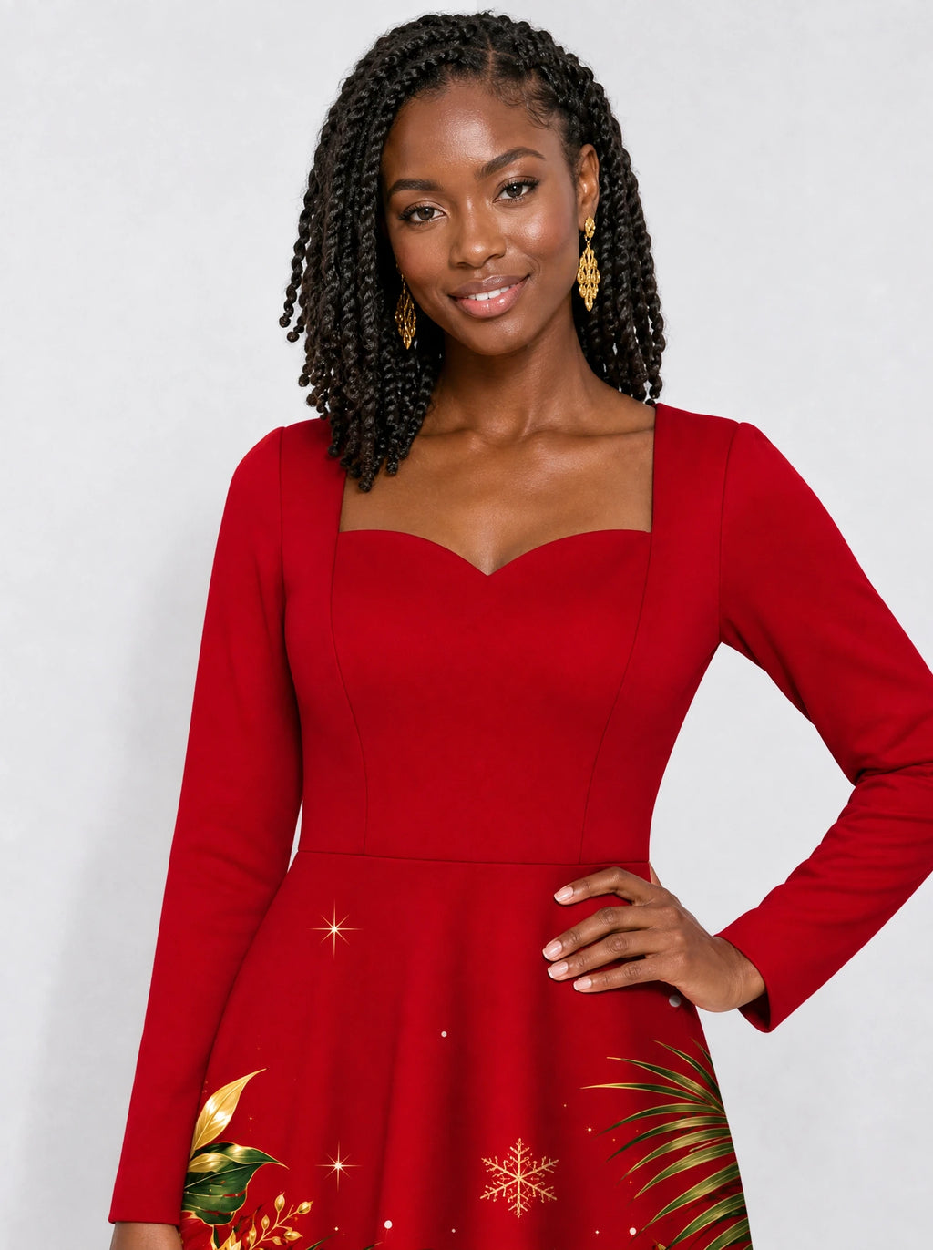 "Visiwa" Long Sleeve Sweetheart Midi Dress — print close-up on model