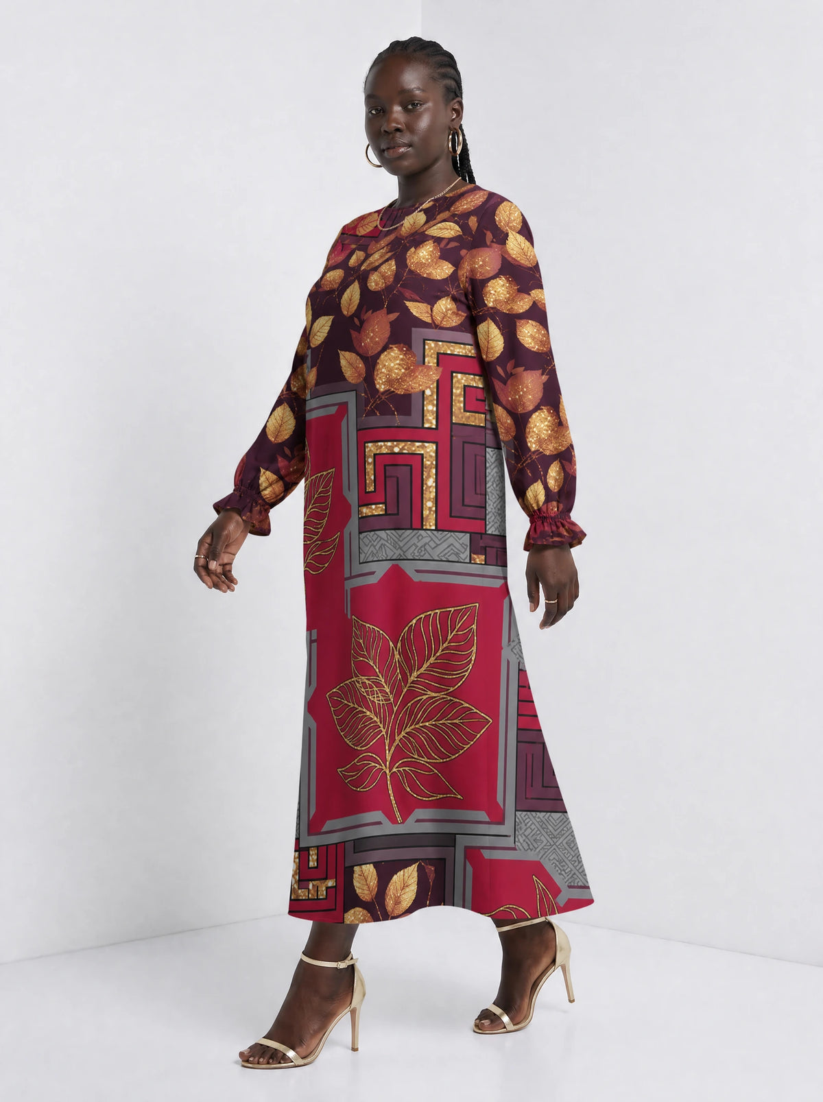 "Vuli" Long Sleeve Maxi Dress — three-quarter view on model