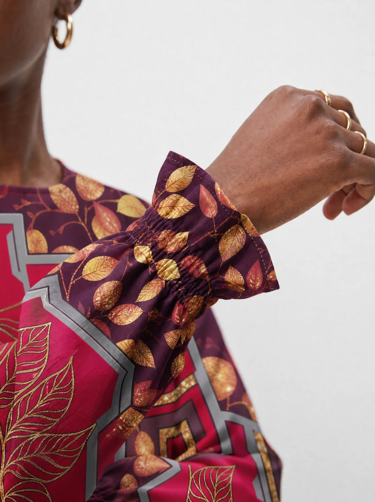 "Vuli" Long Sleeve Maxi Dress — close-up of the gathered ruffle cuff at the wrist