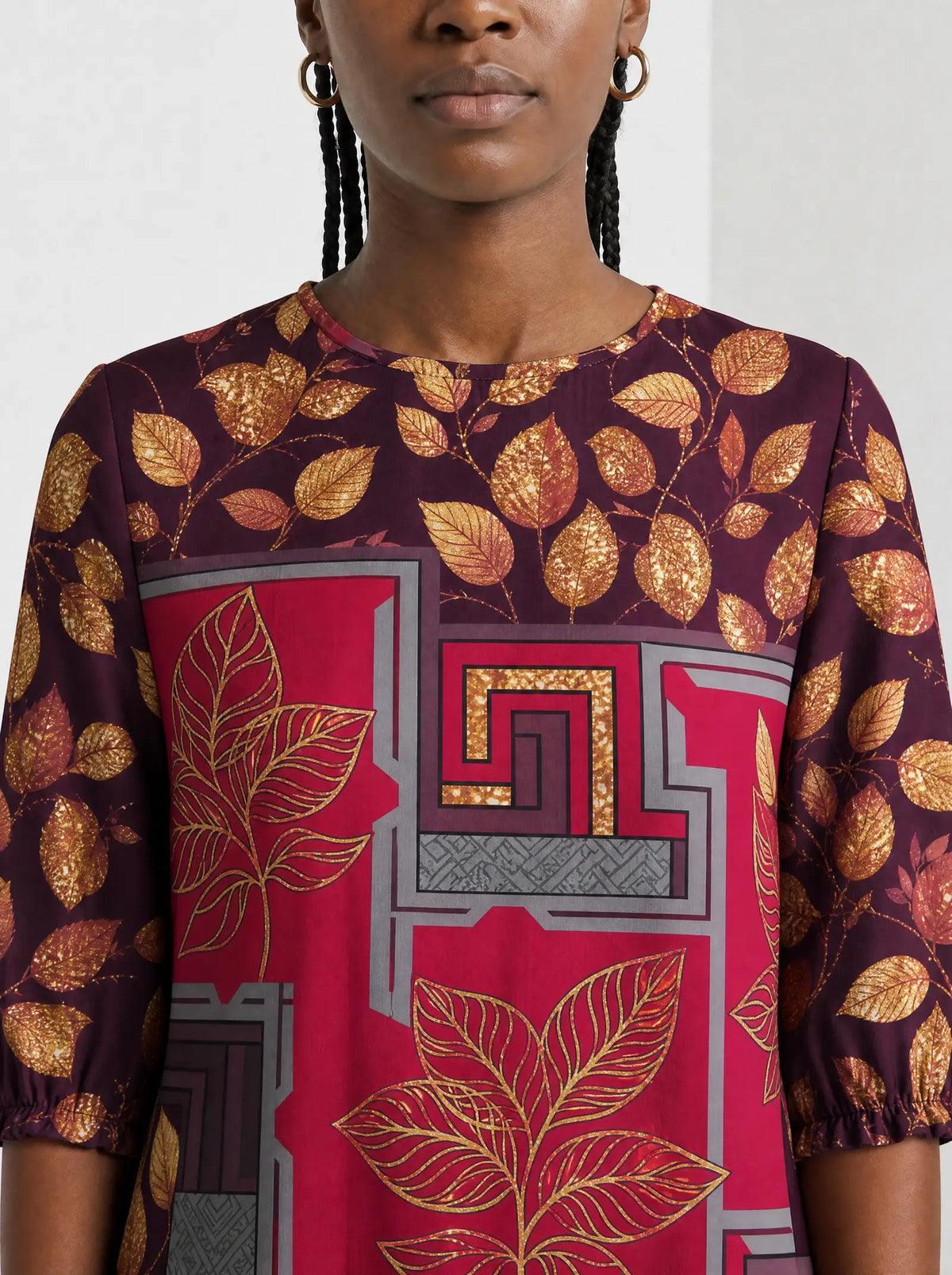 "Vuli" Long Sleeve Maxi Dress — close-up of the high round neckline
