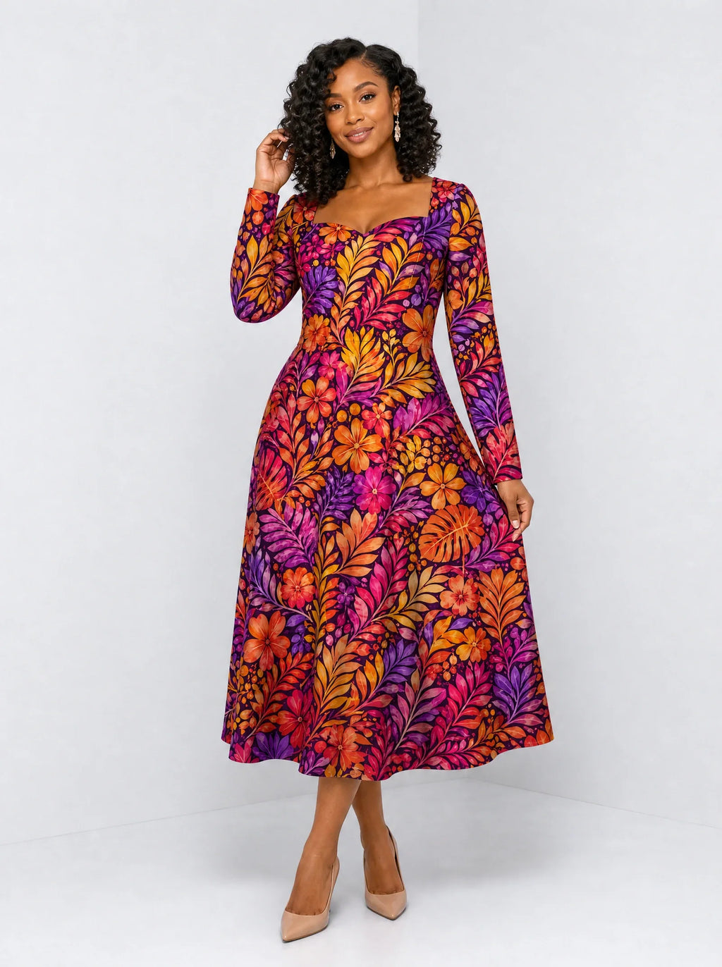 "Waridi" Long Sleeve Sweetheart Midi Dress — front view on model