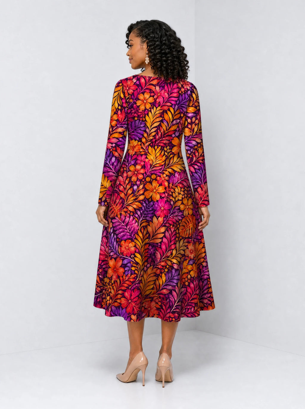 "Waridi" Long Sleeve Sweetheart Midi Dress — back view on model