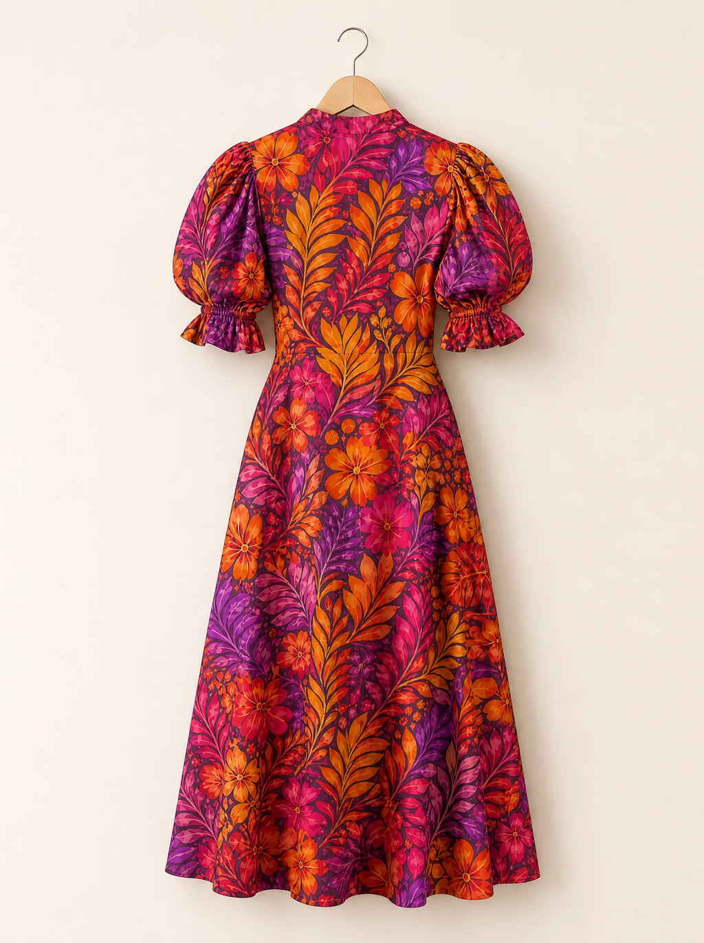 "Waridi" Puff Sleeve Dress — the dress on a hanger, back