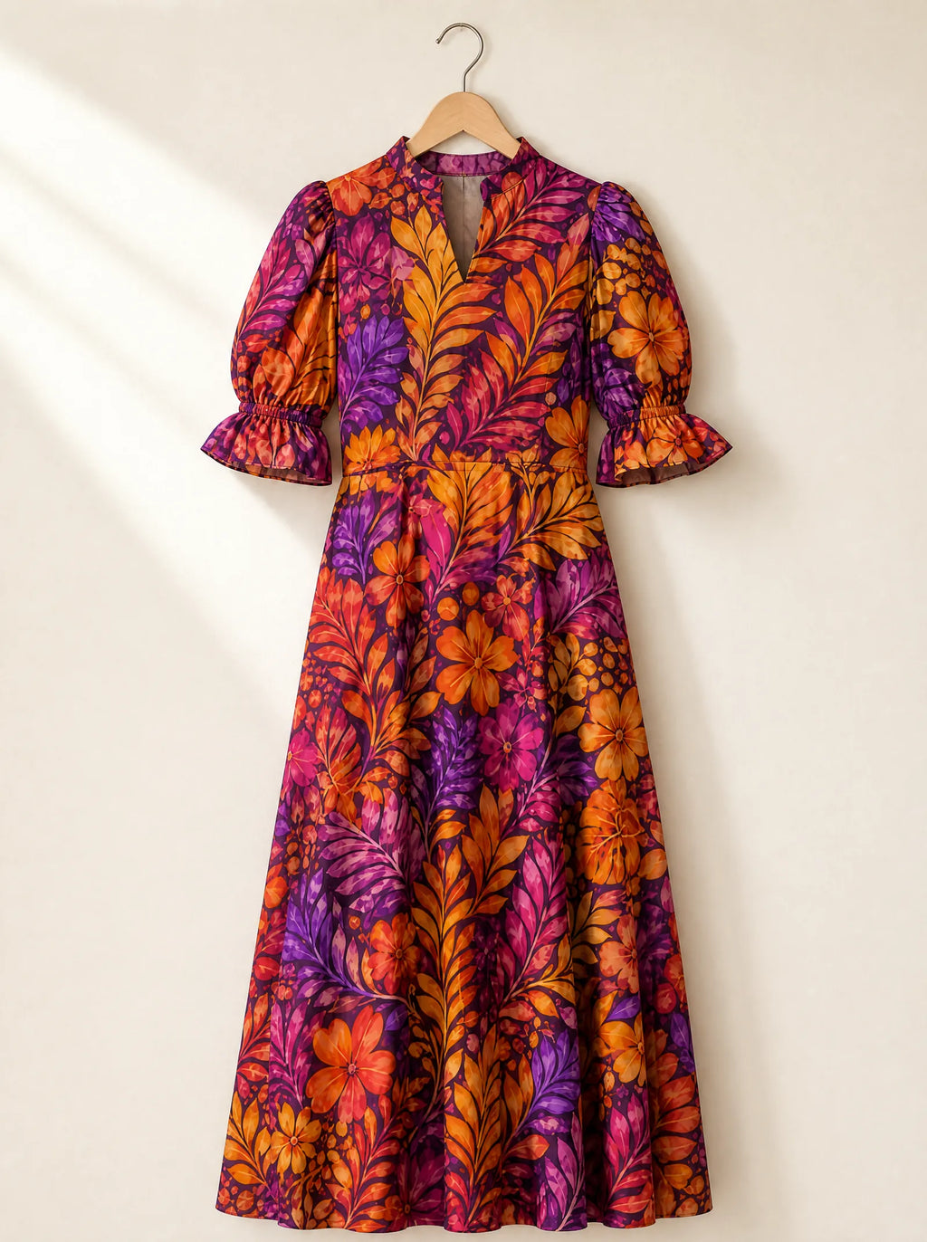 "Waridi" Puff Sleeve Dress — the dress on a hanger, front
