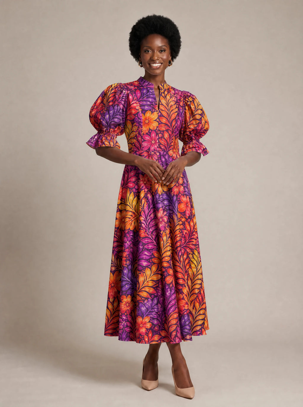 "Waridi" Puff Sleeve Dress — walking, three-quarter view on model