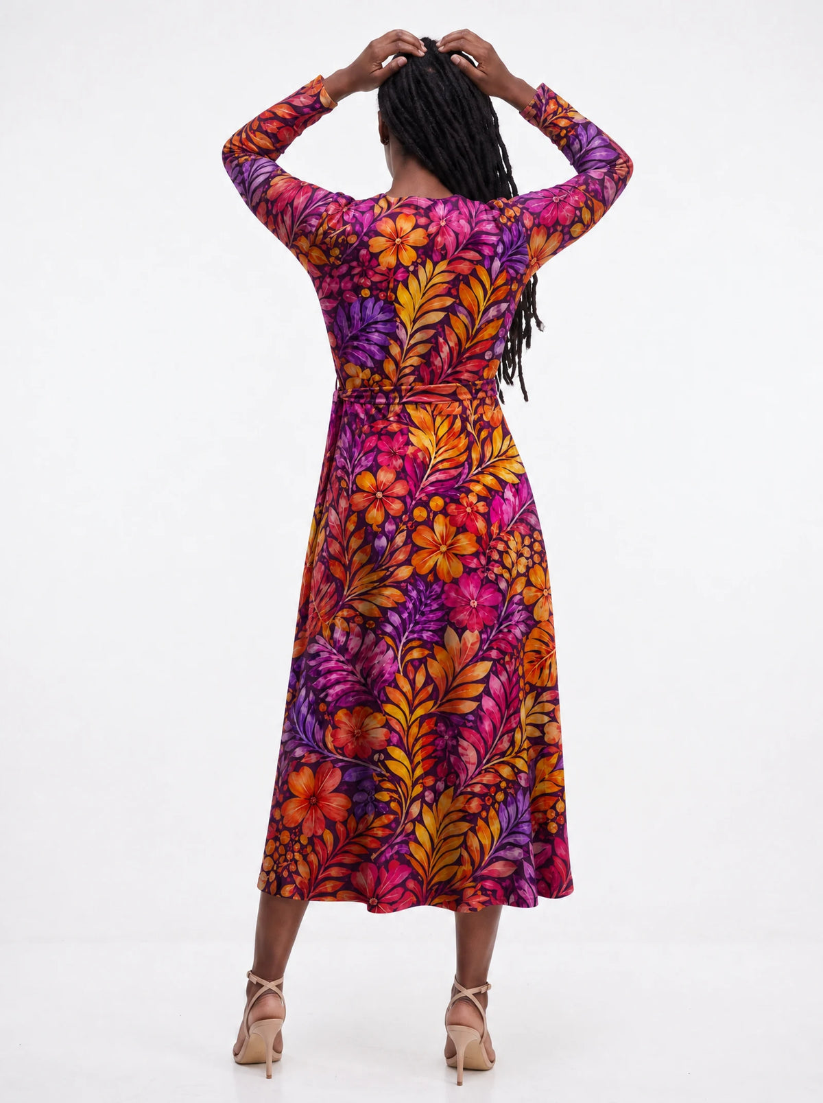 "Waridi" Long Sleeve Midaxi Dress — back view on model