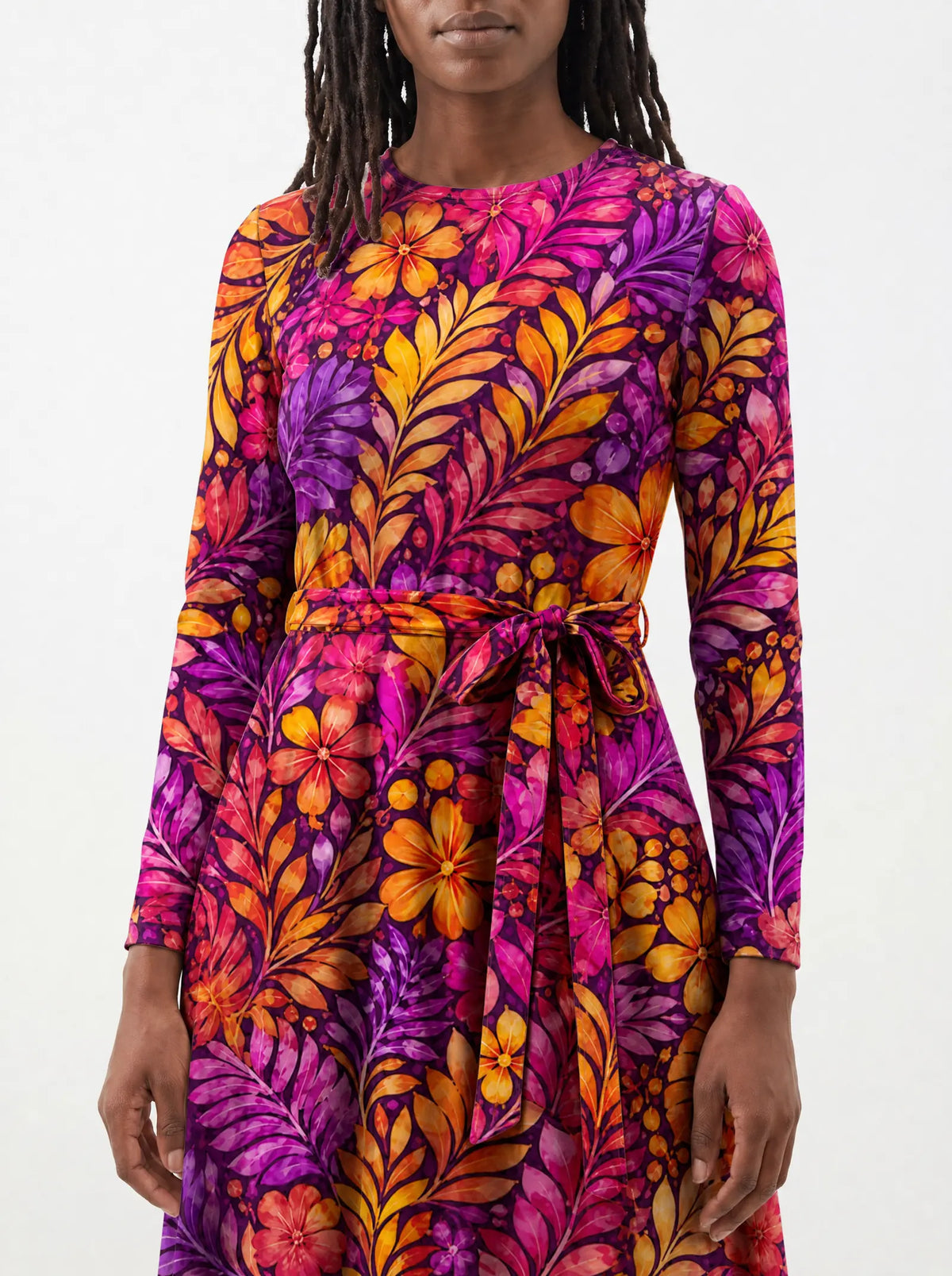"Waridi" Long Sleeve Midaxi Dress — close-up of the tie sash and the in-seam side pocket