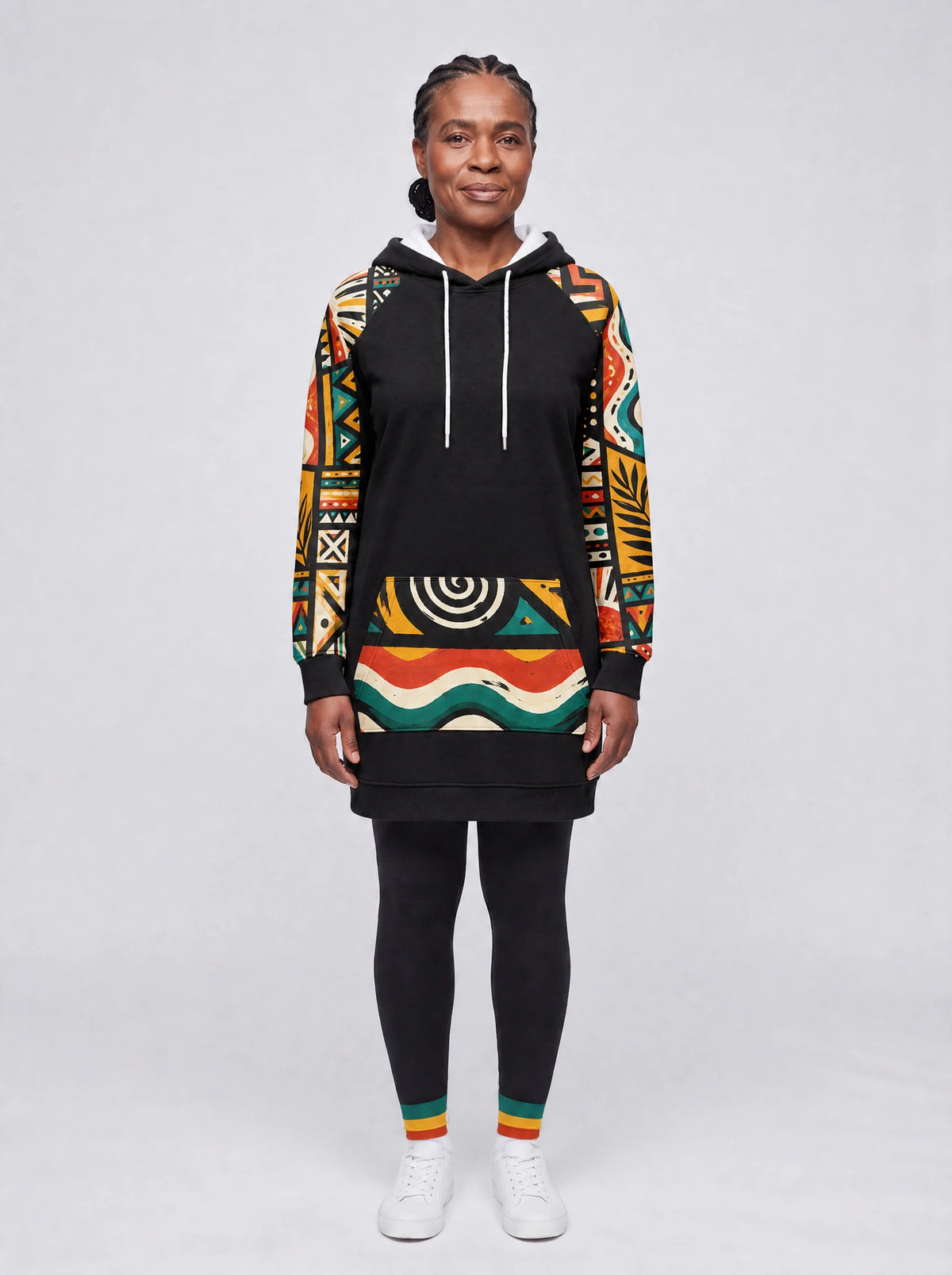 "Weusi" Hoodie Dress — front view on model, styled with the matching leggings