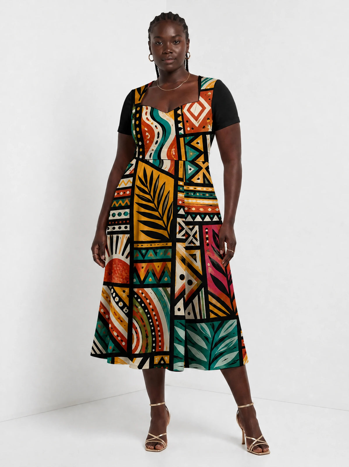 "Weusi" Sweetheart Midi Dress — front view on model