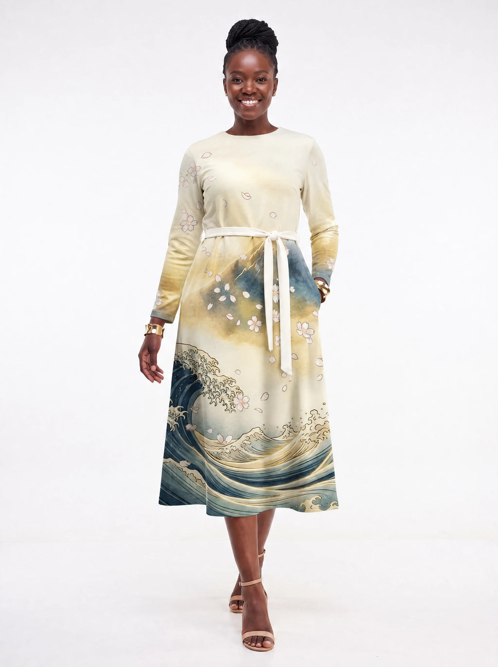 "Wimbi" Long Sleeve Midaxi Dress — front view on model