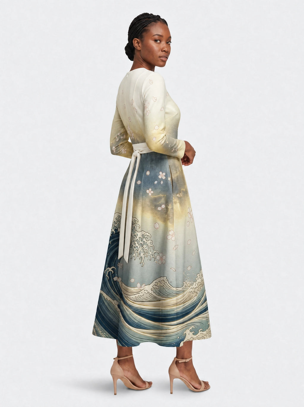 "Wimbi" Long Sleeve Midaxi Dress — three-quarter view on model, hand in the side pocket